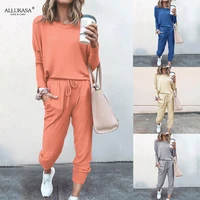 hot sale women s fashion loose solid color long sleeved t shirt trousers casual sports suit spring and autumn two flat