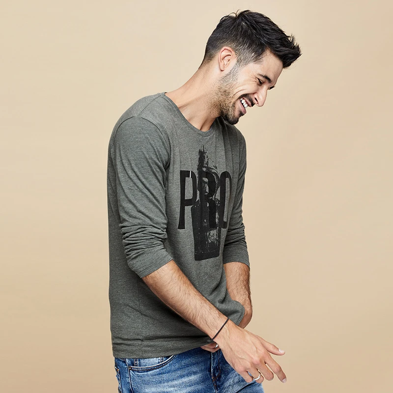 Мужская футболка с принтом осенняя хлопковая длинным рукавом серая зеленая |