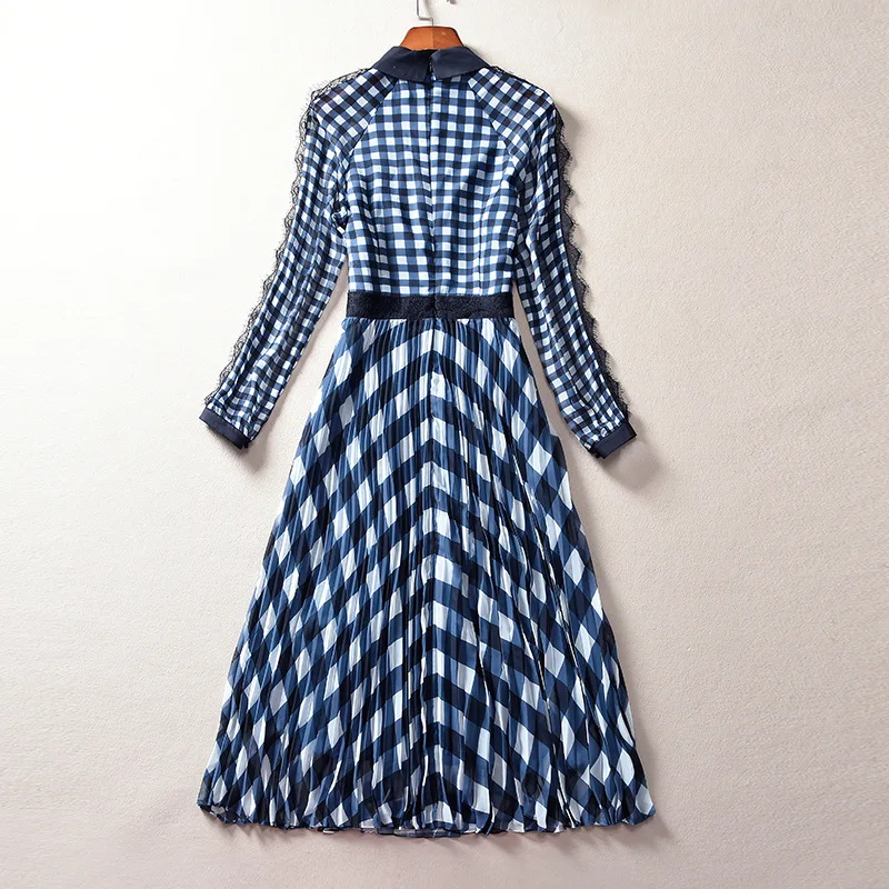 

Women Plaid 2021 Rynway Fashion Spring Summer High Quality Ruffles Elegant Pleated Midi Party Dress