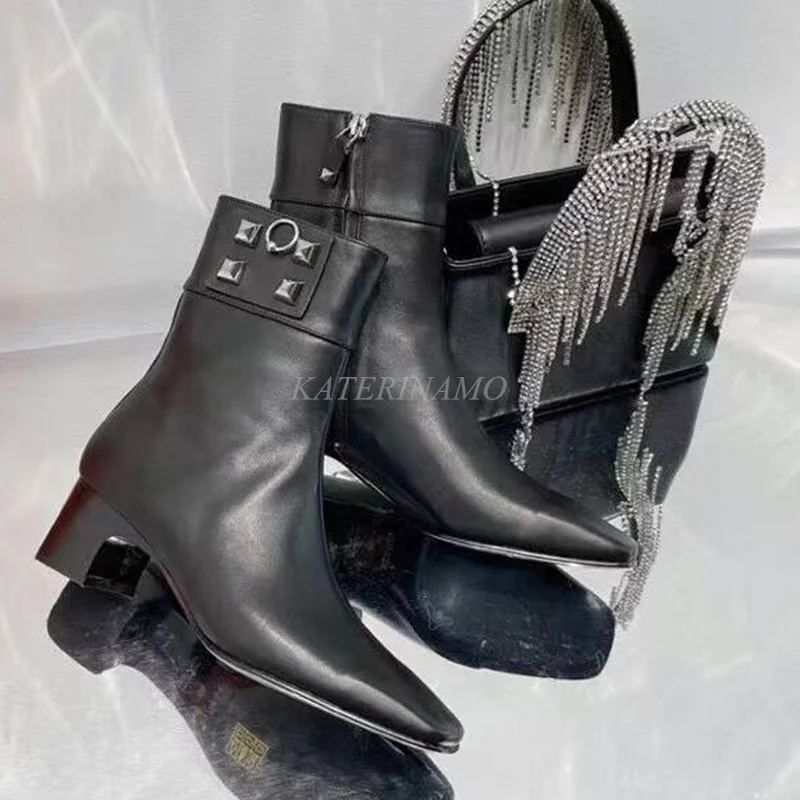 

New Brand Real Leather High Heel Women Boots Rivet Decor Genuine Square Toe Casual Zipper Ladies Short Ankle Boots Shoes Botas