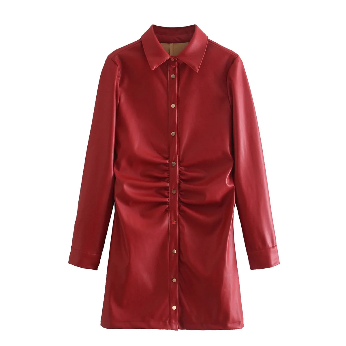 

Женское модное красное платье-рубашка из искусственной кожи с отложным воротником и длинными рукавами, собранные спереди, шикарные женские...