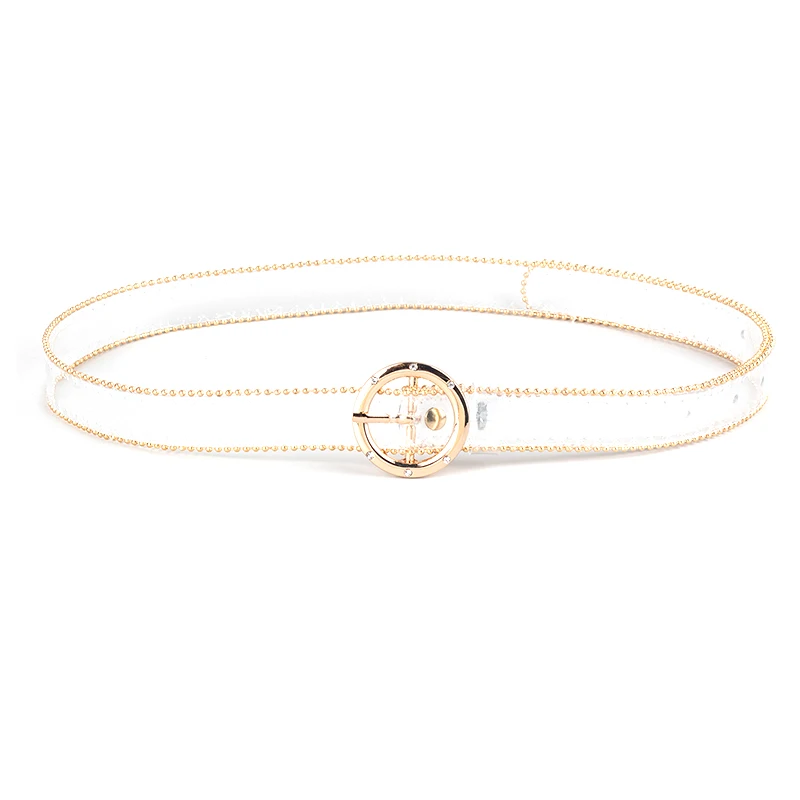 

2020 new ladies gold transparent thin skinny leather belt silver pin buckle belt women