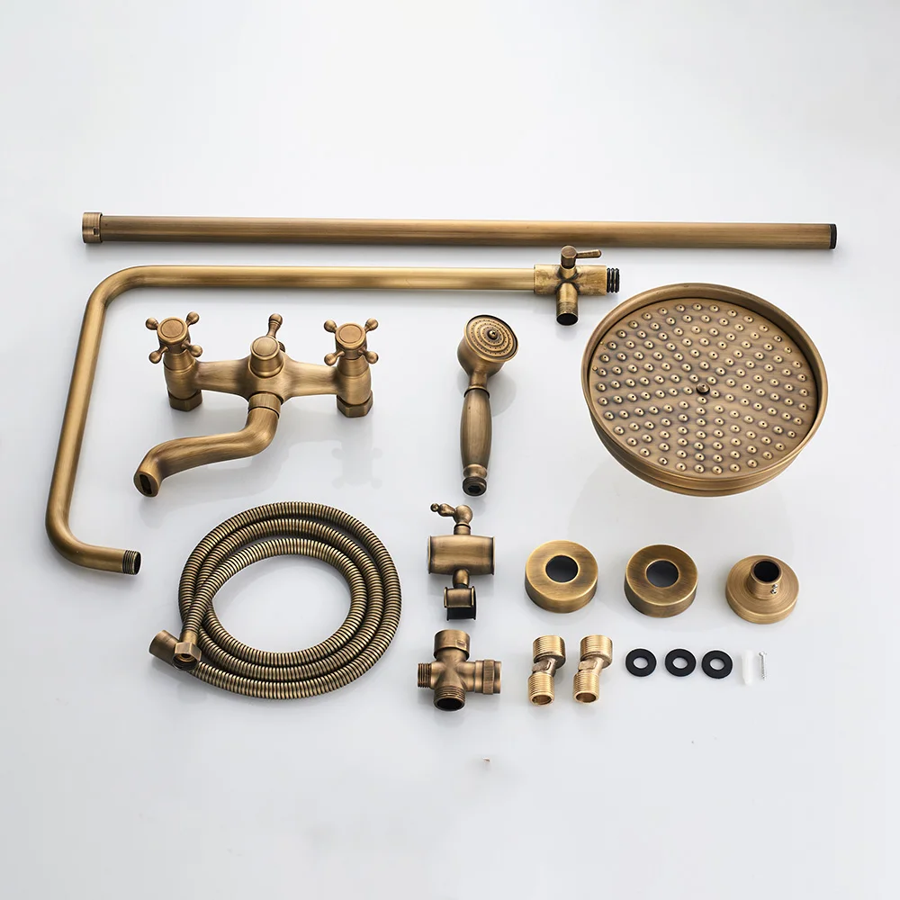 

Antique Shower Set Wall Bathroom Bath Shower Faucet Rainfall Brass Swivel Spout Mixer Tap Sliding Bar Shower System