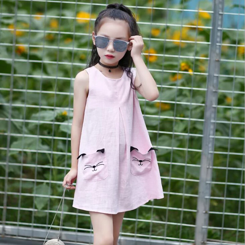 Детское хлопковое платье для девочек летнее синее желтое с мультяшным котом 3-12