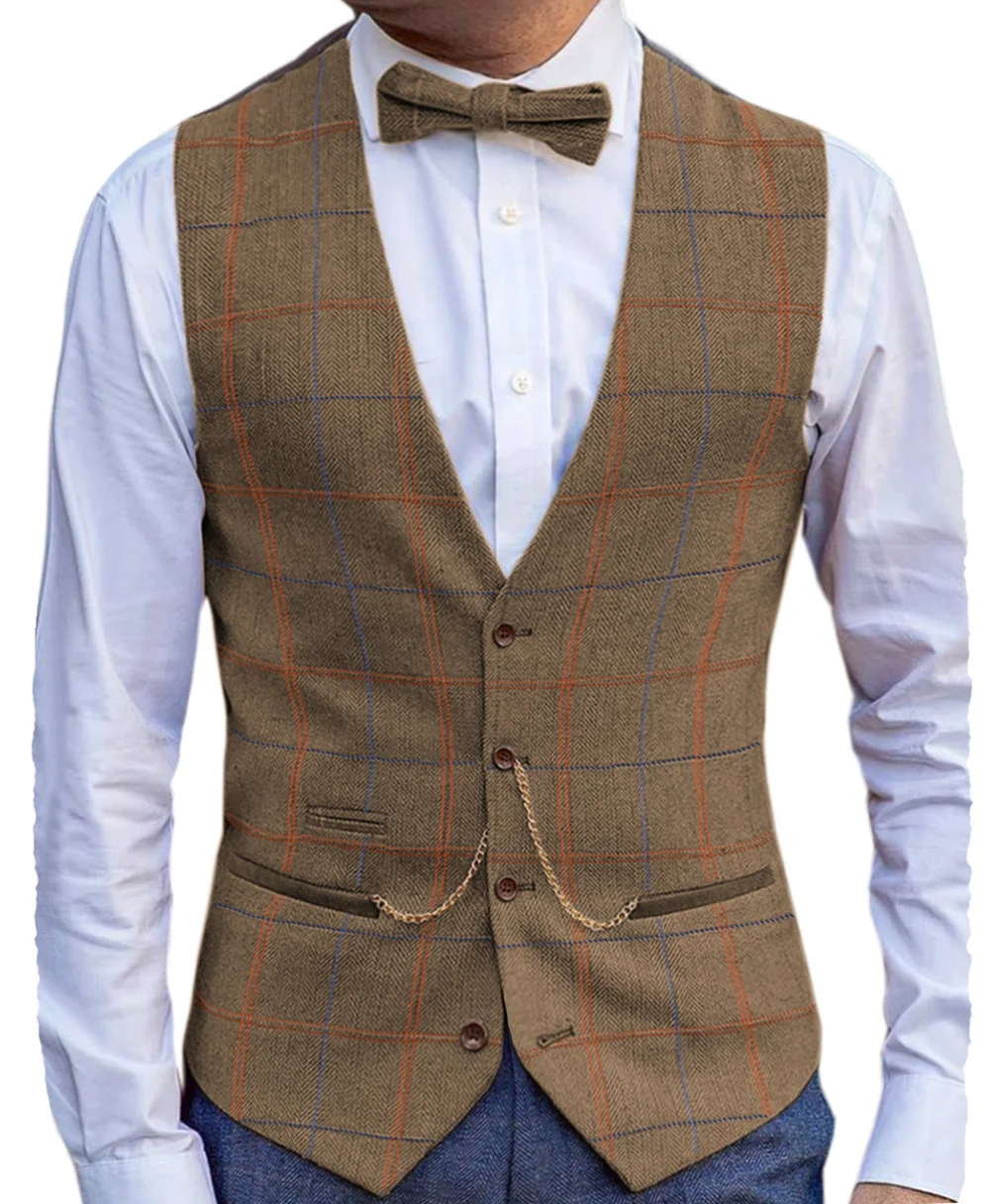 Мужской жилет в елочку шерстяной/твидовый шотландскую клетку повседневный