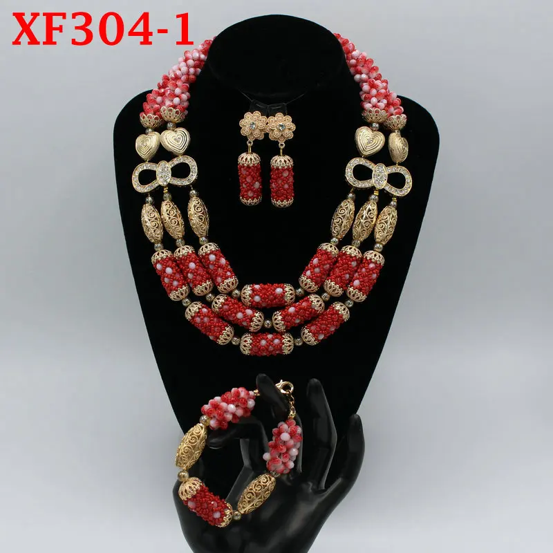 

African Coral Beads Bridal Jewelry Set Dubai Gold Women Costume Party Jewelry Set Nigerian Wedding Jewelry Free Shipping XF304-1