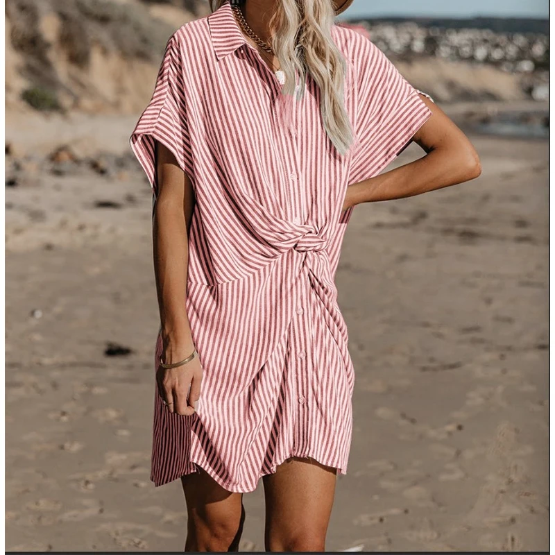 

New Ladies Vintage Mini Dress Striped Print Summer Dresses Women Loose Casual Female Sundress