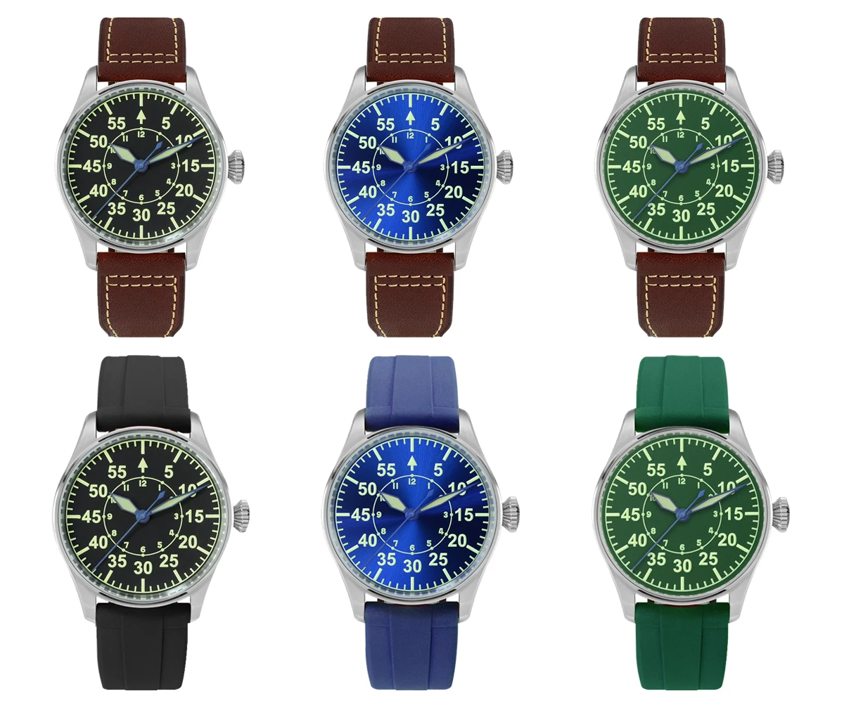 

CRONOS Men's Pilot Flieger Automatic Watch 10ATM Stainless Steel Skeleton Back Blue Green Super Luminous Dial Leather Strap