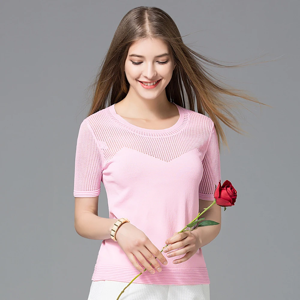 

Summer Women's Slim Hollow Out Round Neck Short Sleeve Icy T-shirt Pullover