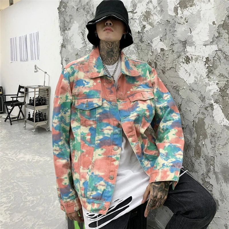 

Fashion Tie Dye Pink Jean Jacket for Men Urban Men's Streetwear Hip Hop Tie Dye Green Denim Jacket Plus Size