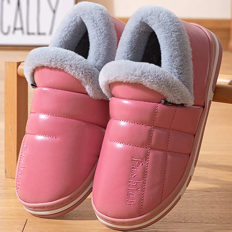 Winter Leather Cotton Slippers Woman Platform Indoor House Slipper Soft Non-slip Warm House Floor Slides Outdoor Cotton Shoes