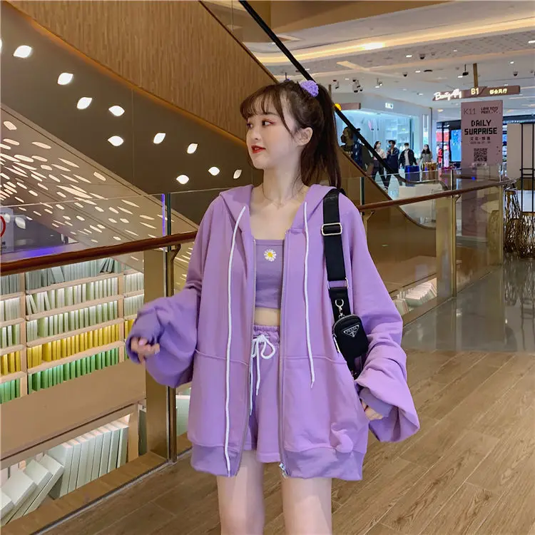 

Casual 3 Piece Set Women Preppy Style Daisy Outfits Jackets Short Pants Three Piece Women Matching Sets Ladies Tracksuit Female