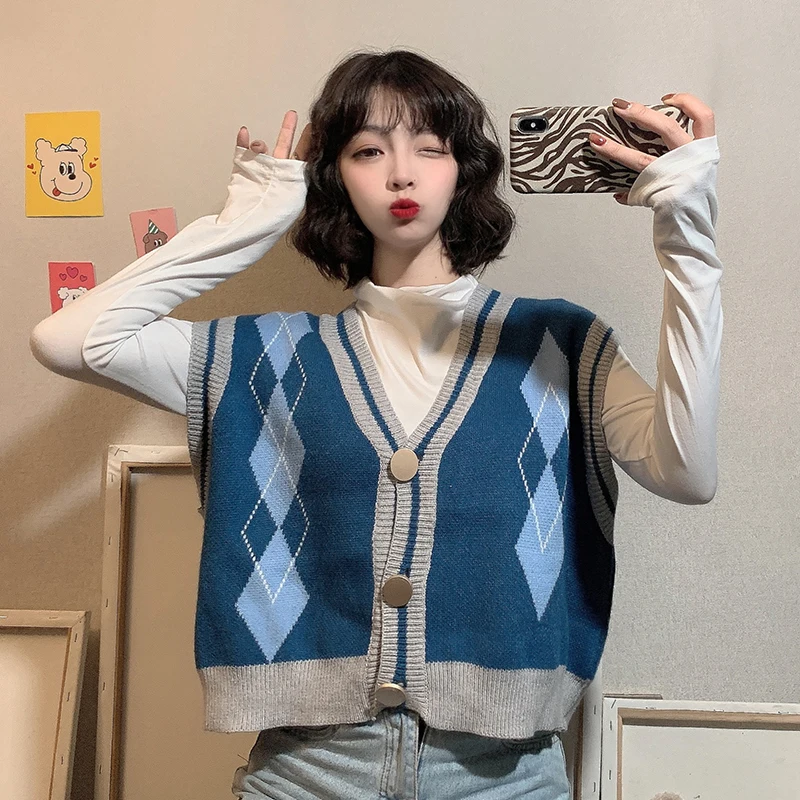

Sweater Knitted Vest Women Argyle Patchwork Casual Sleeveless Cardigan Spring Fall Retro Female Sweaters Korean Style Tanks Top