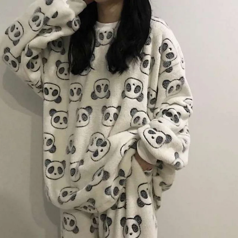 2022 Winter Pajama Women Korean Sleepwear Cute Cartoon Flannel Pajamas Set Velvet Warm Pijama Round Neck Pyjama Homewear Women