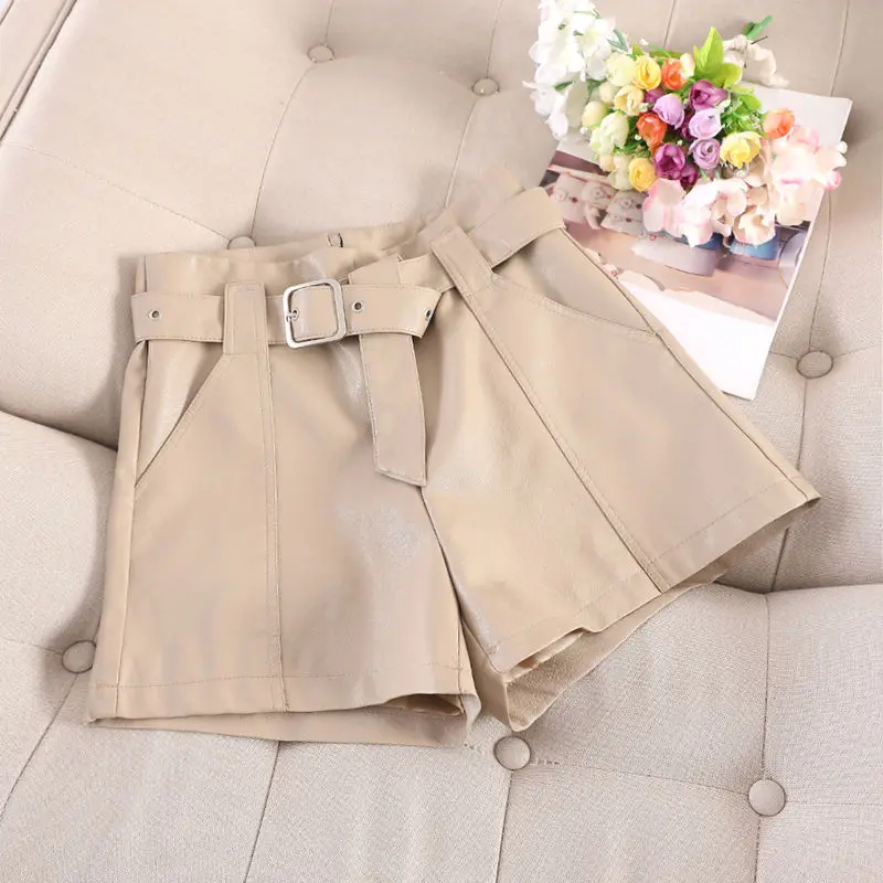 Шорты из искусственной кожи с широкими штанинами женские корейские шорты