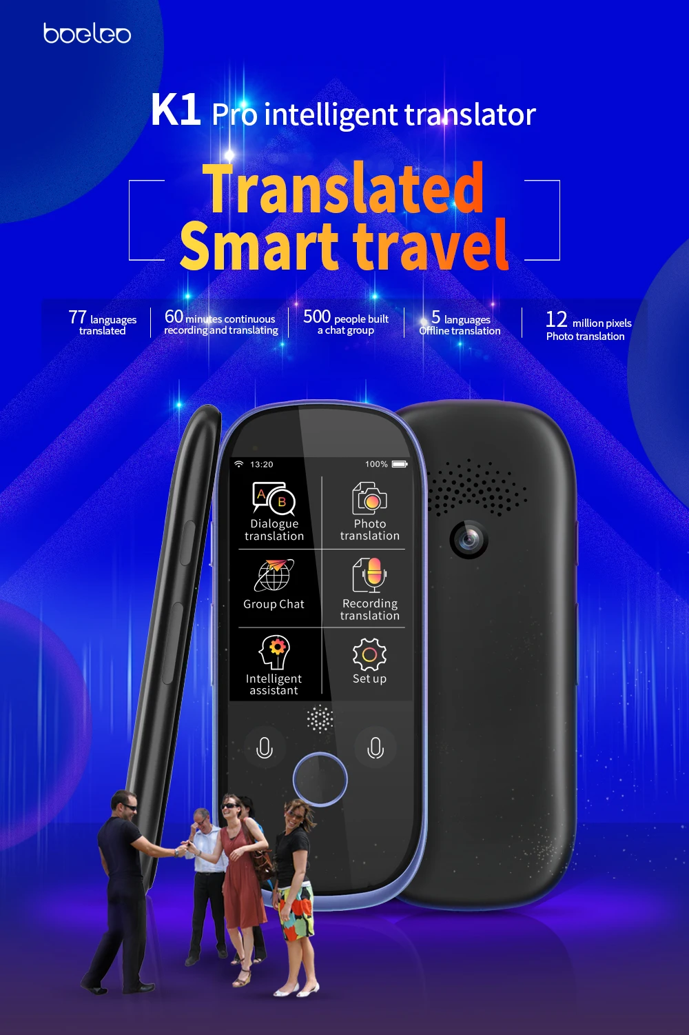 Boeleo K1 Pro фото перевод AI Smart Voice 77 языков в режиме реального времени лицом к лицу wifi 2," TFT 12 МП Многофункциональный переводчик
