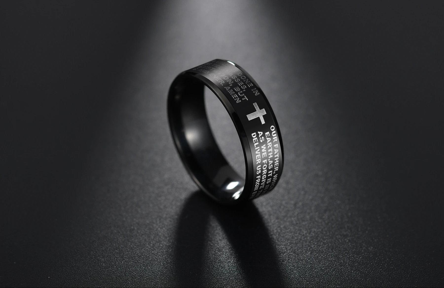 

2021 Black Titanium Steel English Letter Lord's Prayer Ring Serenity Men's Bible Cross Rings For Women Jesus Jewelry