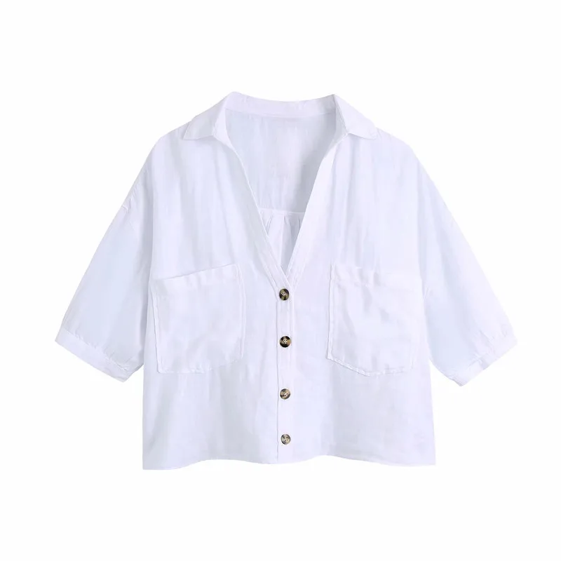 

Модная повседневная женская однобортная Блузка с V-образным вырезом, модная летняя женская уличная рубашка, Женская однотонная короткая ру...