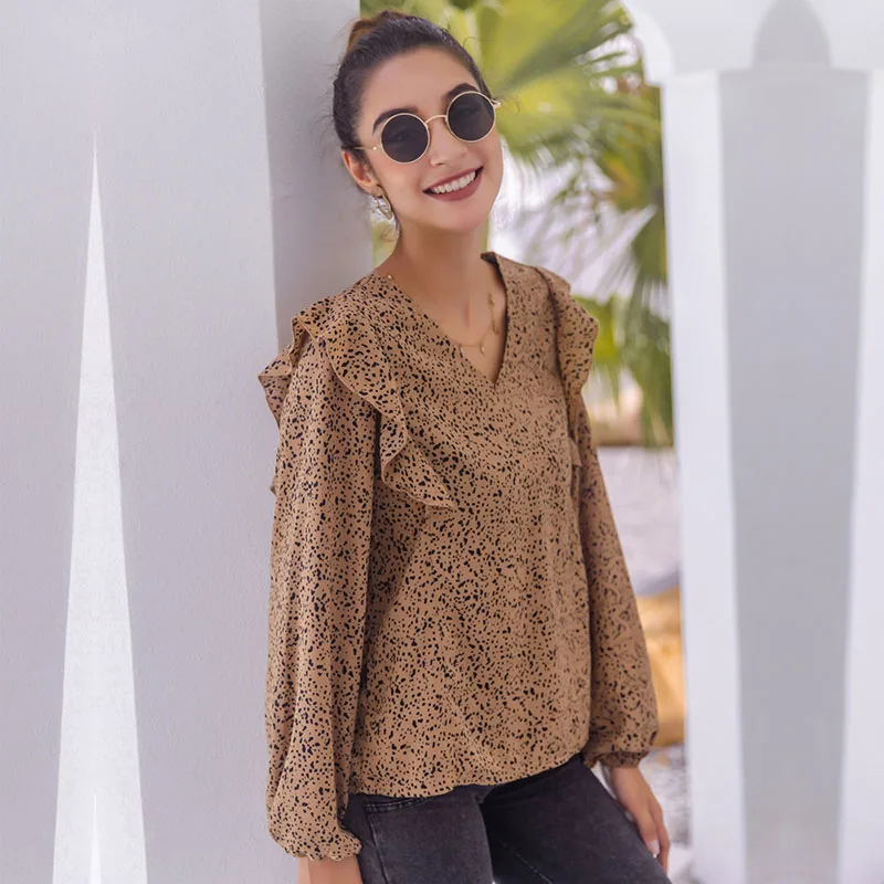

2021 Spring Summer New Ladies Oversized All Match V Neck Printed Slim Top Long Sleeve Women's Causal Ruffle Print Blouses Female