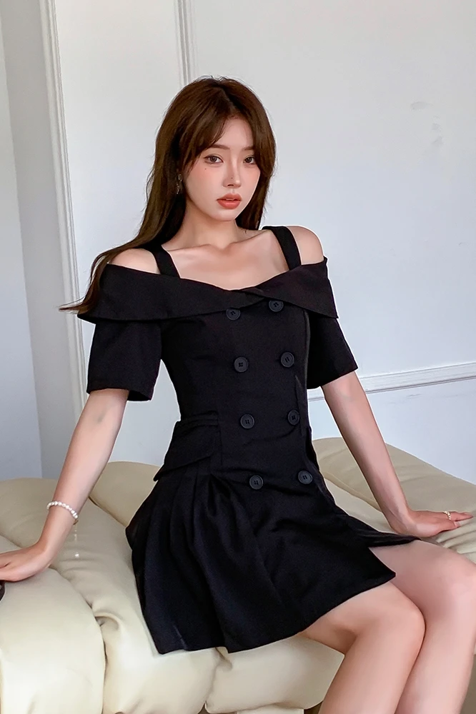 

COIGARSAM Women dress New Summer Double Breasted Spaghetti Strap Turn-down Collar Dresses 1065