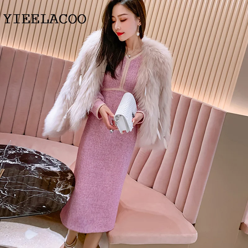 

tweed dress Pink Fashionable long sleeve design spring / autumn women's dress fashion houndstooth bright silk Base dress