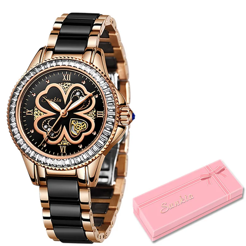 SUNKTA 2019 новые часы из розового золота Женские Кварцевые Часы Дамские Топ