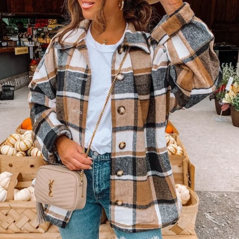 

Plaid Jacket Women Oversize Coat Checkered Loose Shirt Jacket Casual Long Coat Women Outwear Turn-down Collar Chaqueta Mujer