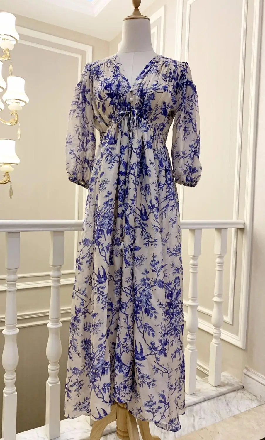 100% шелк Женский v-образным вырезом печати шнуровкой высокой талией Свободное