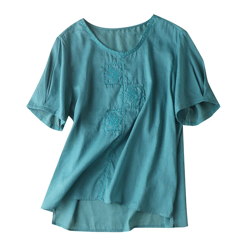 

SHUCHAN Blusa Feminina Chinese Style Ramie Embroidery O-Neck Dropshipping Womens Tops and Blouses Short Sleeve