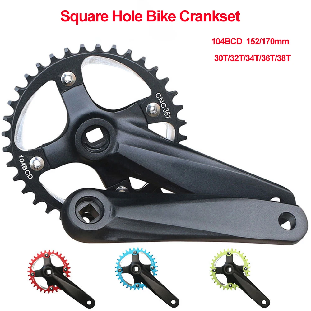 MTB Bike Square Hole Crankset 104BCD Bicycle Crank Sprocket 152mm 170mm 30T 32T 34T 36T 38T Narrow Wide Single Speed Chainring