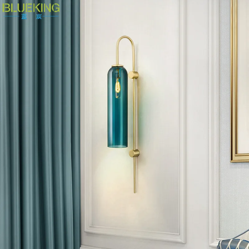 

Нордический креативный сине-белый стеклянный трубчатый настенный светильник, гостиная, спальня, лобби, медный цвет, настенный светильник ...