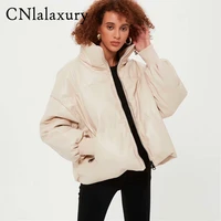 cnlalaxury 2021 winter thick warm parkas women fashion pu leather coat women elegant zipper cotton jackets female ladies outwear