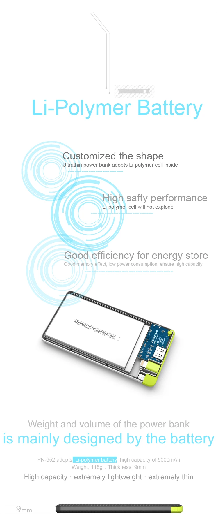 PINENG PN-952 10000mAh power Bank встроенный зарядный кабель Внешний аккумулятор вибрирующий переключатель USB питания