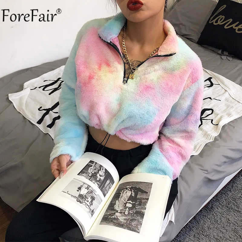 Forefair Tie Dye Zipper укороченная Женская толстовка осенне зимняя уличная одежда с