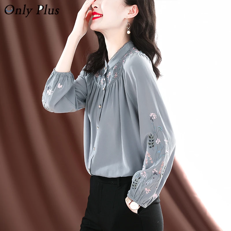 

Новая Осенняя серая Цветочная блузка EVNISIWomen с пышными рукавами, универсальная шифоновая кружевная Повседневная рубашка с круглым вырезом, ...