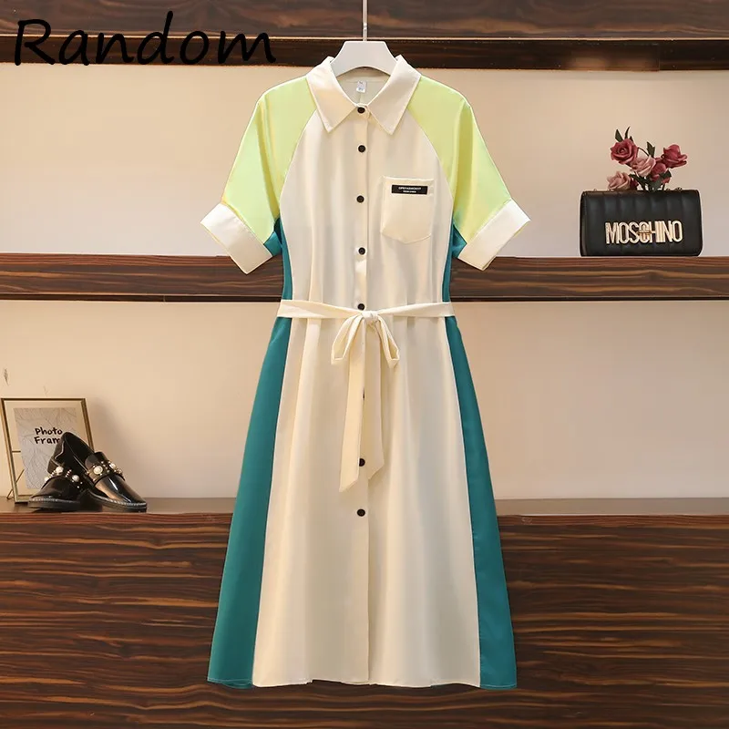 

Женское элегантное контрастное платье размера плюс 4XL, новинка 2021, платье-рубашка с отложным воротником и коротким рукавом, Офисная Женская ...