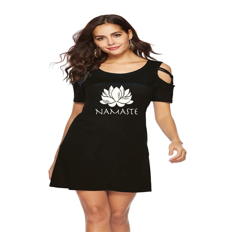 

Fashion Women clothing Namaste Print Dresses Women Top Short Sleeve Female tops clothing Irregular Skew Cross Bandage Dress