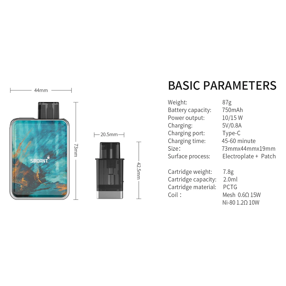 Оригинальный Smoant Харон для 750 мАч электронная сигарета комплект 2 мл pod 1.2ohm Ni-80 0.6ohm