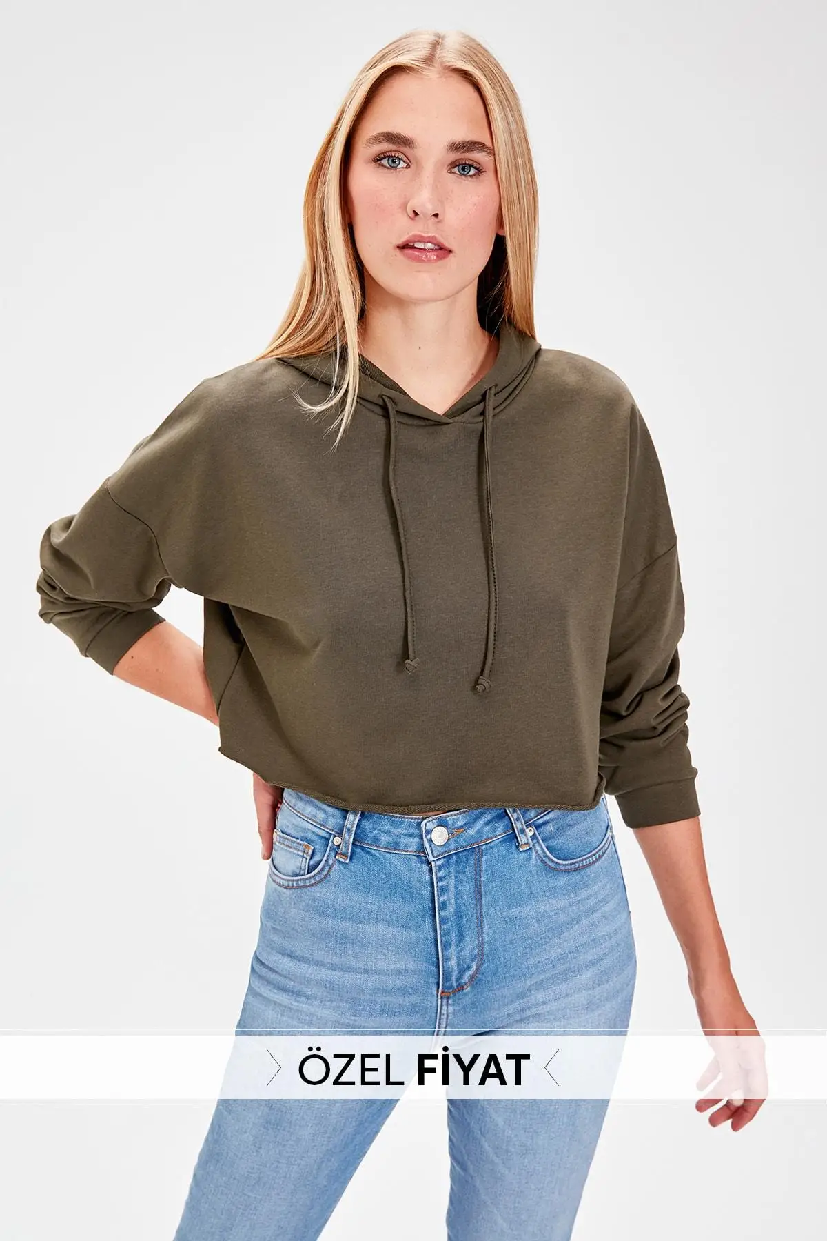 Trendyol хаки с капюшоном Укороченный трикотажный Свитшот TWOAW20SW0144|Женские толстовки