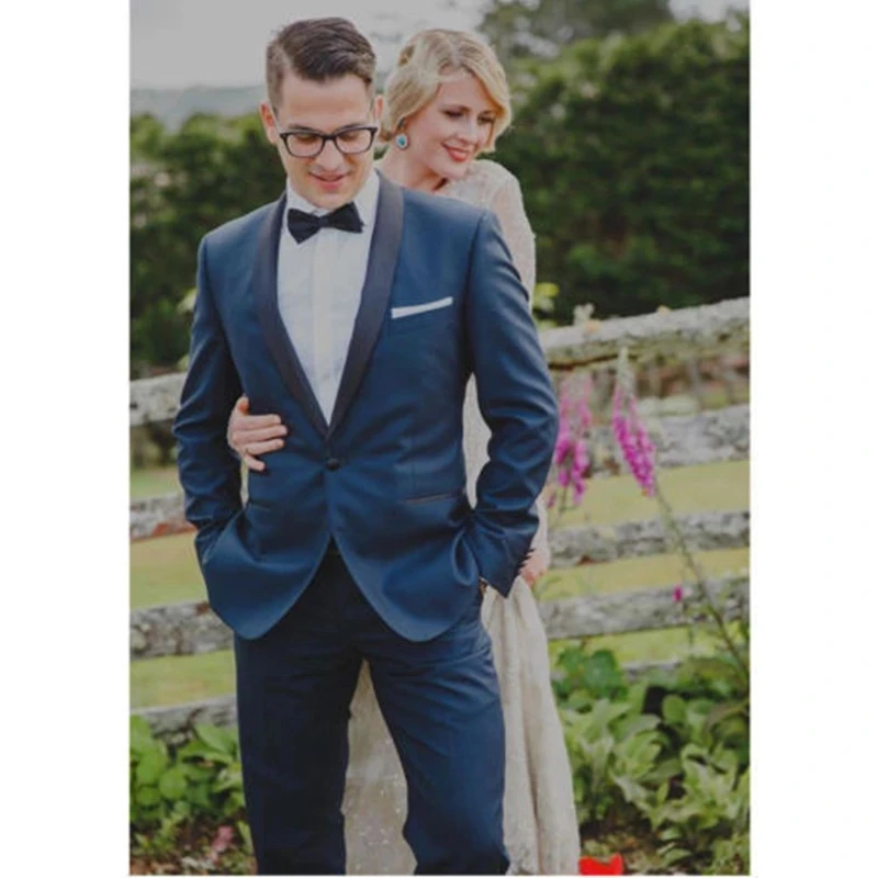 

2021 Hot Sale Shawl Lapel Single Button Men's Blue Suits 2 Pieces Fashion Trendy Wedding Bridegroom Tuxedos Skinny Banquet Wear