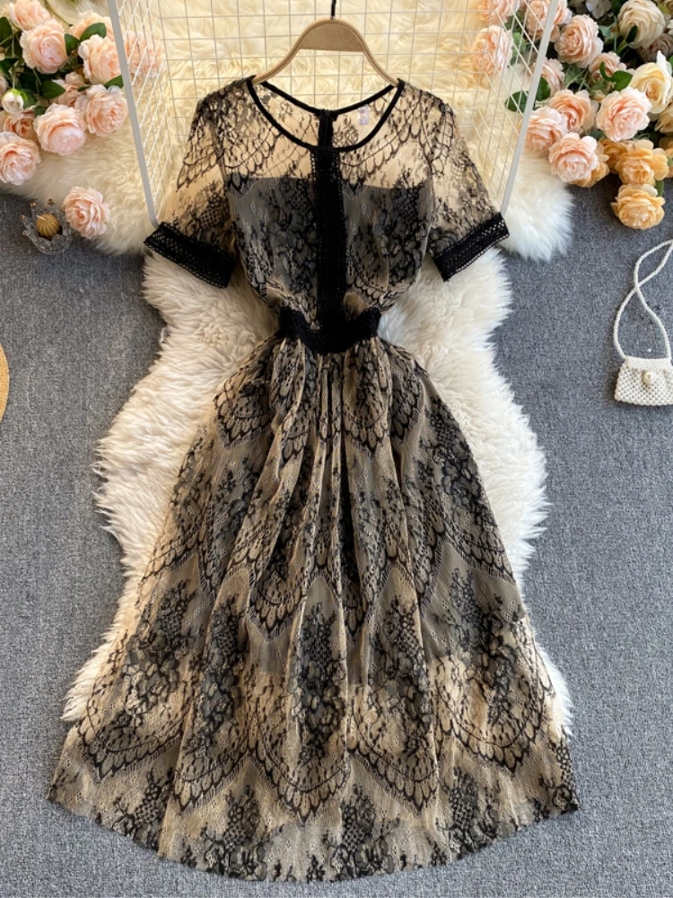

Women Dress 2021 Summer Streetwear Fashion Elegant Mesh Lace O-neck Black A Line Short Sleeve Midi Dress Vintage Party Dress