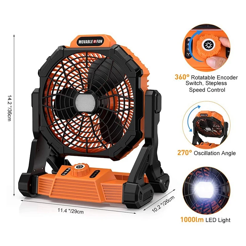 

Rechargeable Tent Fan with Hook 15000MAh Camping Light Fan with LED Light for Camping Jobsite Garden Outdoor Hiking
