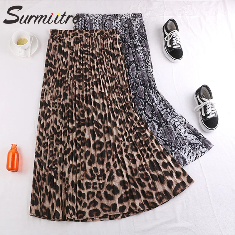 

FAKUNTN Surmiitro Long Pleated Skirt Women With Leopard Snake Print For Spring Autumn 2021 Ladies Korean High Waist Maxi