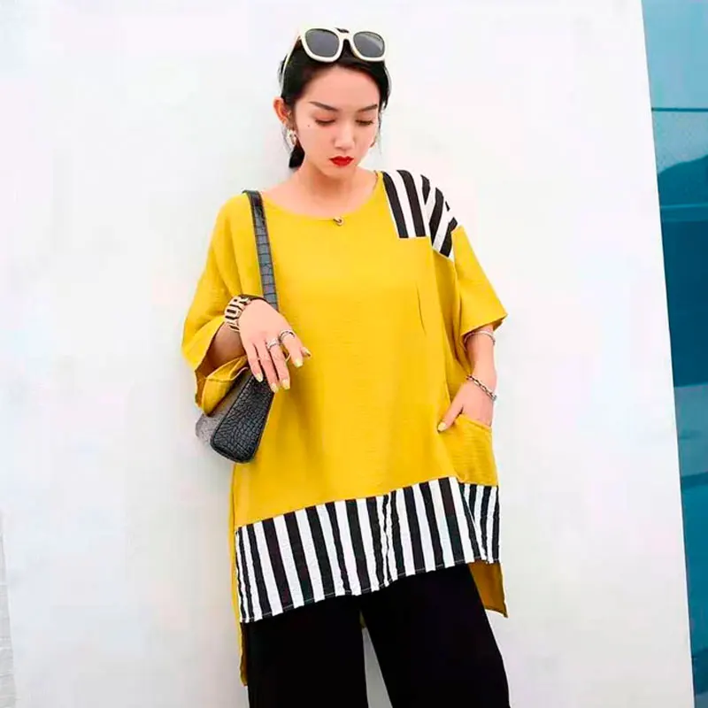

DIMANAF 2021 Plus size Women T-Shirt Stripe Patchwork Style Linen Casual Basic Ladies Vintage Tee Shirt Fashion Summer New Tops