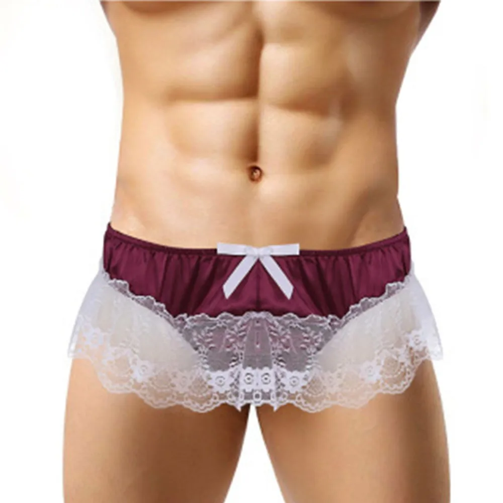 

Gay Ruffle Lace Underwear See-Through Panties Sexy Satin G-String Thong Sissy Lingerie Skirt Bowknot Costume Cute Brief