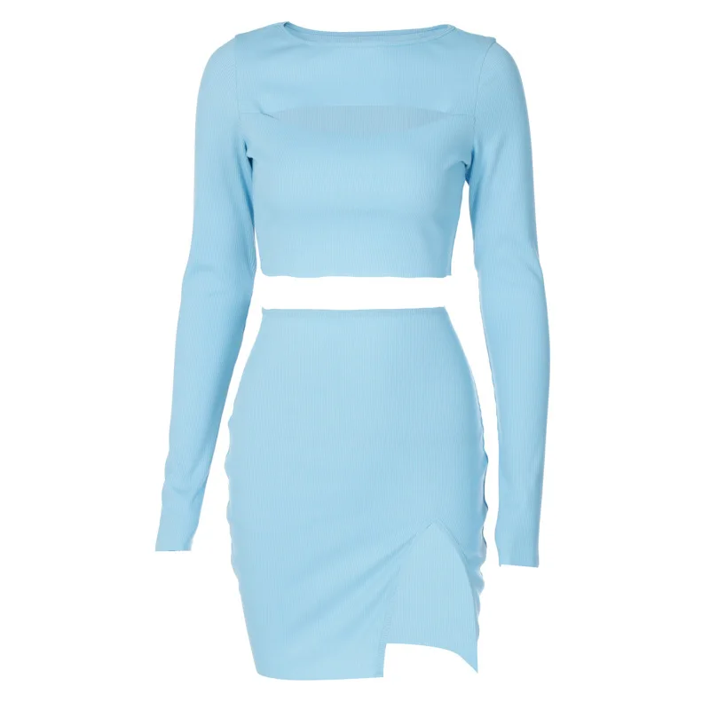 

Casual Long Sleeve Two Piece Set Women Skirt Solid Hollow Out Crop Top and Split Slim High Waisted Skirt Women's Summer Suits