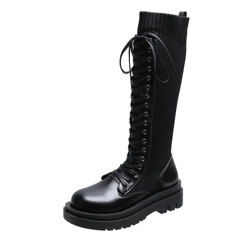 

Women Warm Boots Knee-High Square Heels shoes woman lace-up shoes ladies Casual Long Fashion Autumn Booties zapatos de mujer