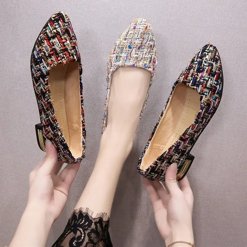 

New Women Flats Gold Pointed Toe Casual Plaid Boat Metal Heels Female Fashion Girl Shallow Ladies Mujer Zapatos AC-63