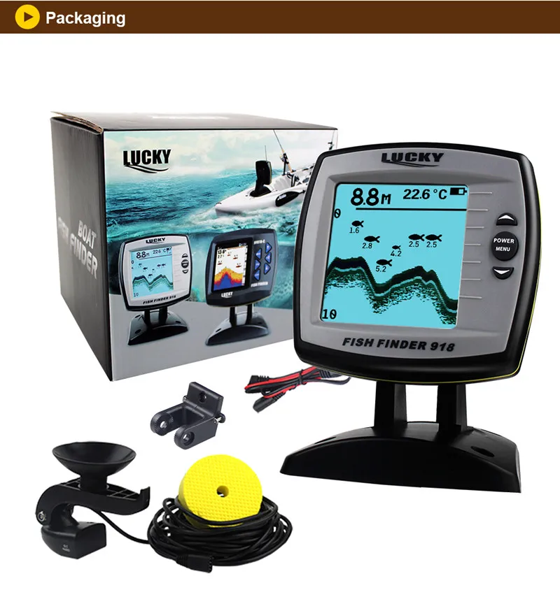 

Lucky Fish Finder Boat FF918-180S Wired Echo Sounder Fishing Lure Findfish Boat Alarm Fish Finder 45 degrees Menu Pesca Probe