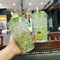 450ml cartoon summer push lid ice cup with straw creative student cold water cup double layer avocado drinking cups